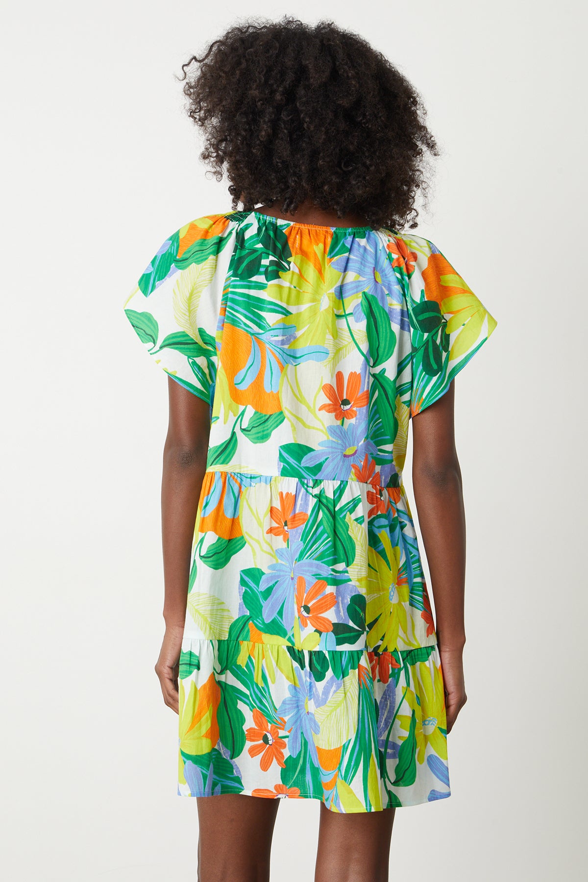 Maeve Tiered Dress in bold floral mahalo print with blues, greens, orange and yellow green back-26255718154433