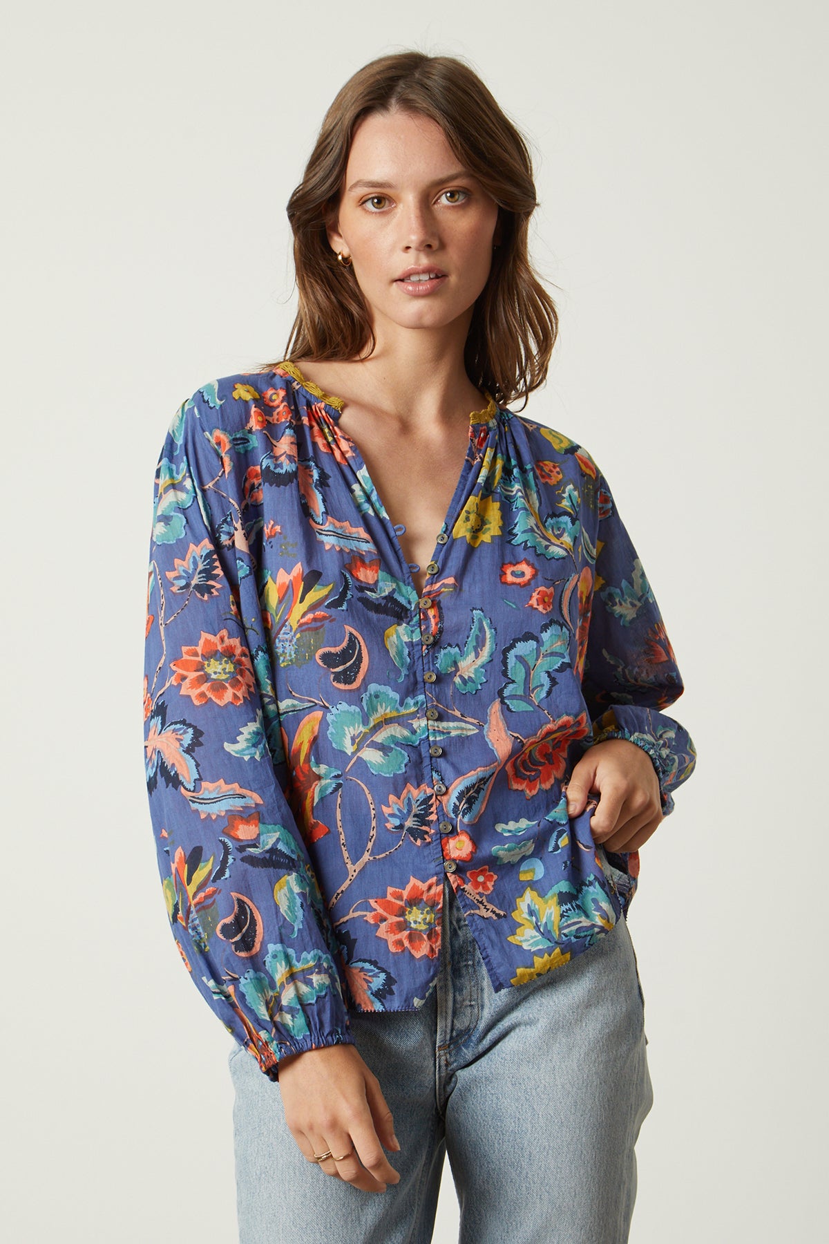   Camryn Top in colorful spring floral print with denim front 