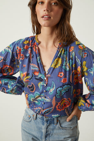 Camryn Top in colorful spring floral print with denim front detail