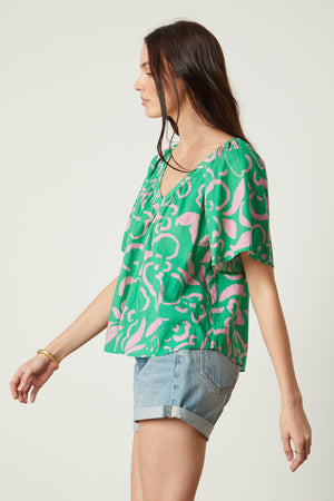Liliana Top in print with green and pink side