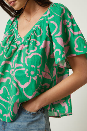 Liliana Top in print with green and pink detail