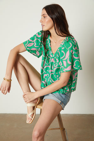 Liliana Top in print with green and pink