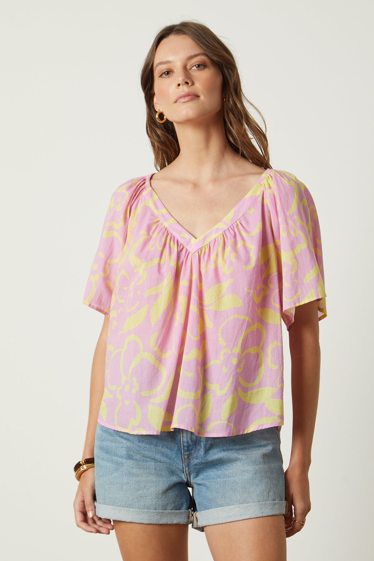 Liliana Top in print with pink and yellow front-25954331361473