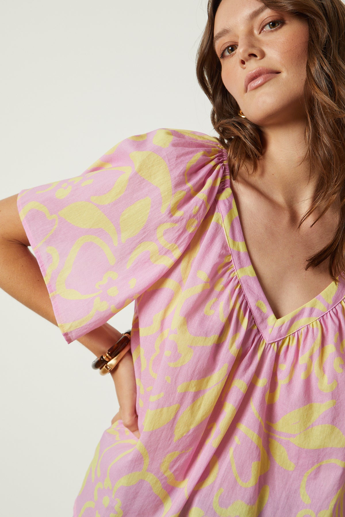   Liliana Top in print with pink and yellow front detail 