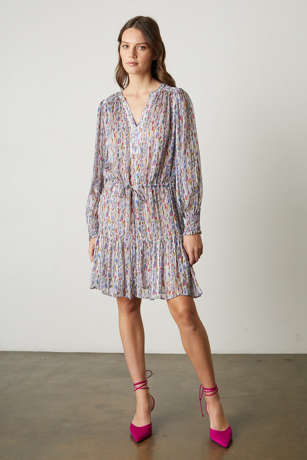 Anastasia Printed Lurex Stripe Dress in mosaic pattern with white background full length front with magenta heels-25548580782273