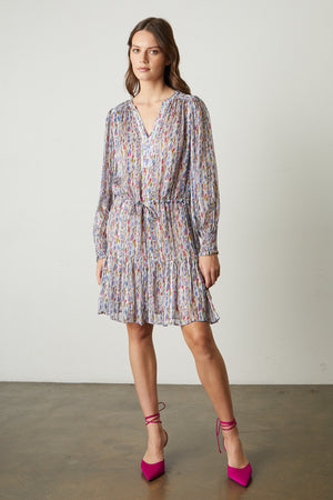 Anastasia Printed Lurex Stripe Dress in mosaic pattern with white background full length front with magenta heels