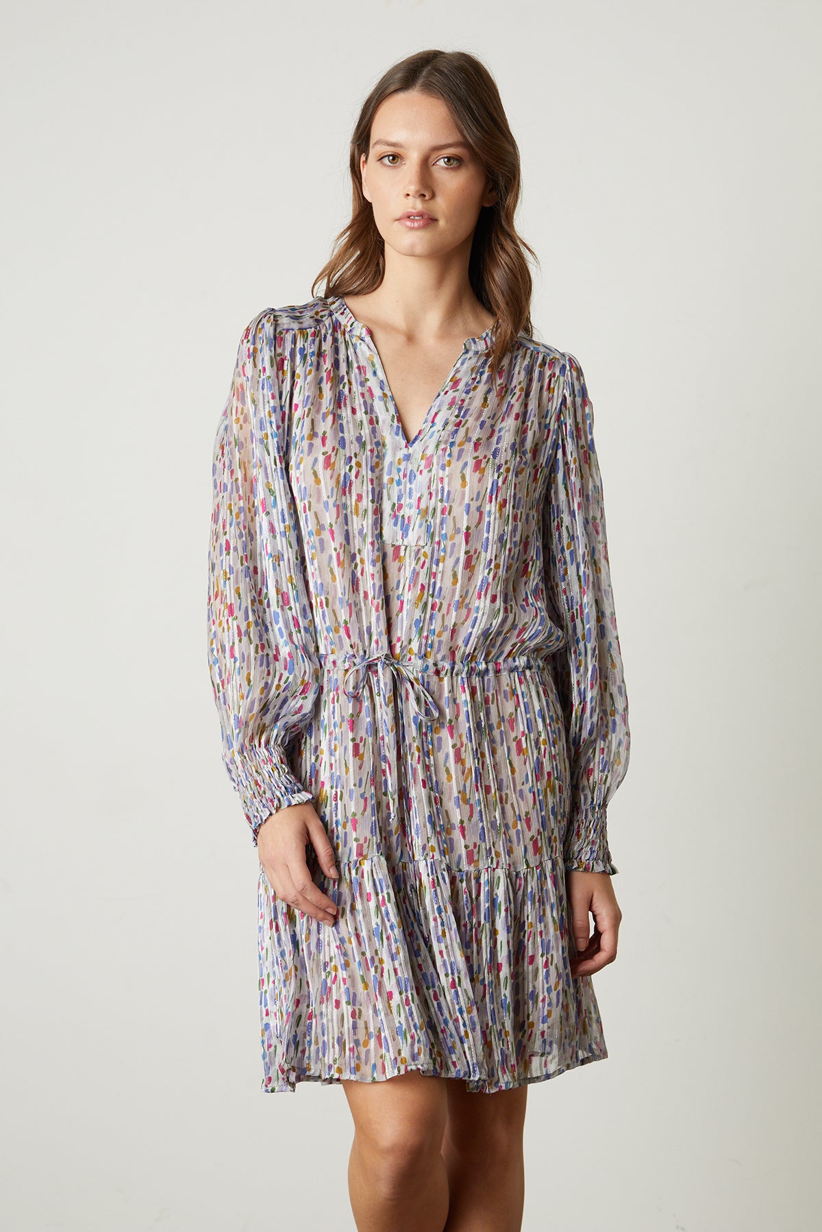 Anastasia Printed Lurex Stripe Dress in mosaic pattern with white background front-25981135782081