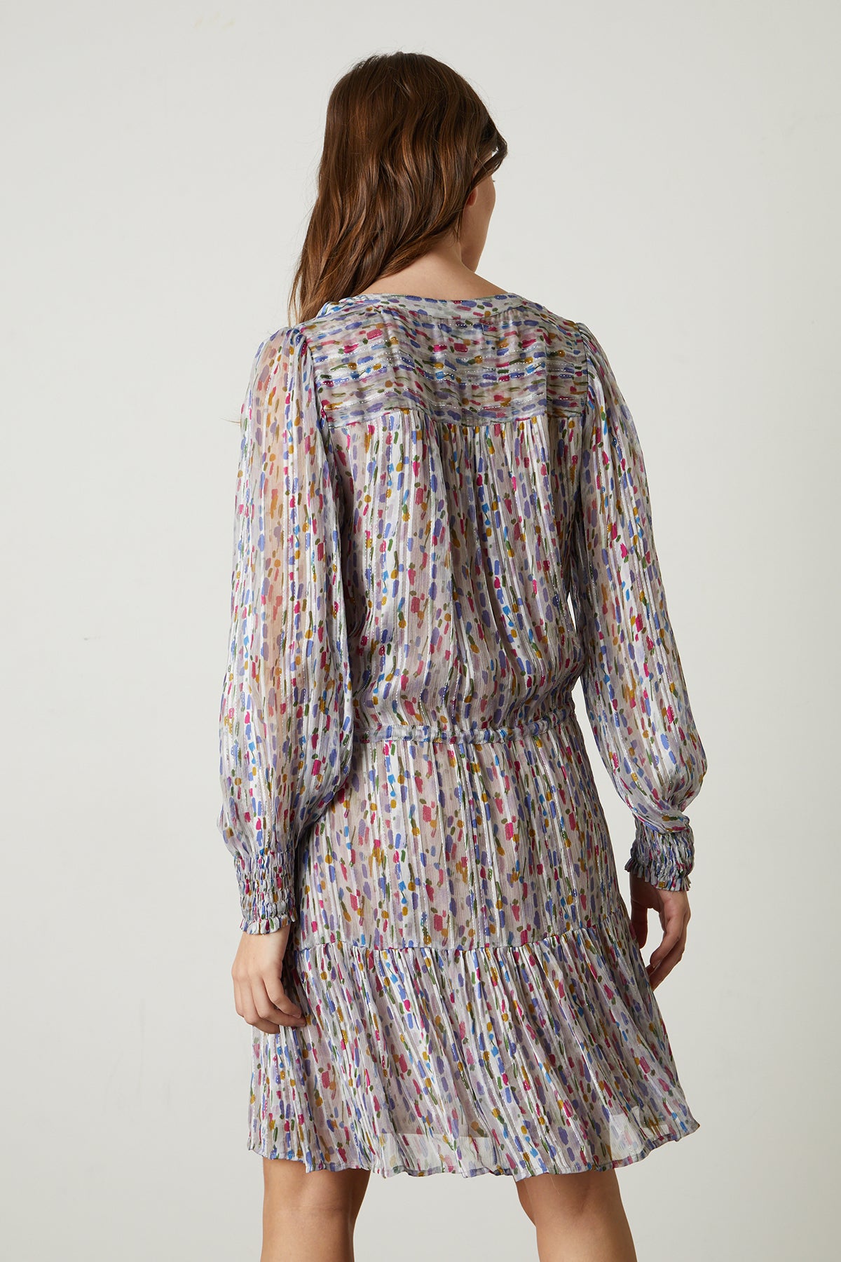   Anastasia Printed Lurex Stripe Dress in mosaic pattern with white background back 