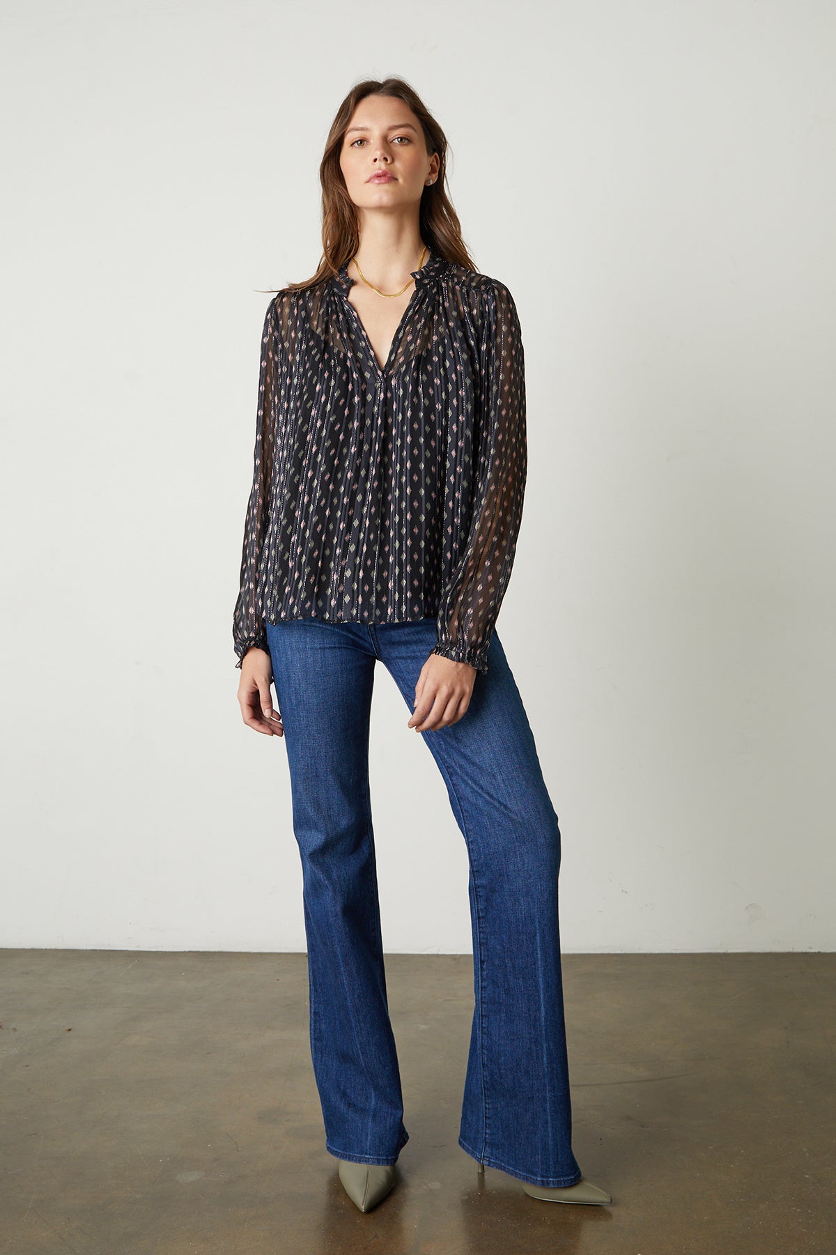 Carla Printed Lurex Stripe top in Starlit pattern with blue denim and heels full length front-25548651626689