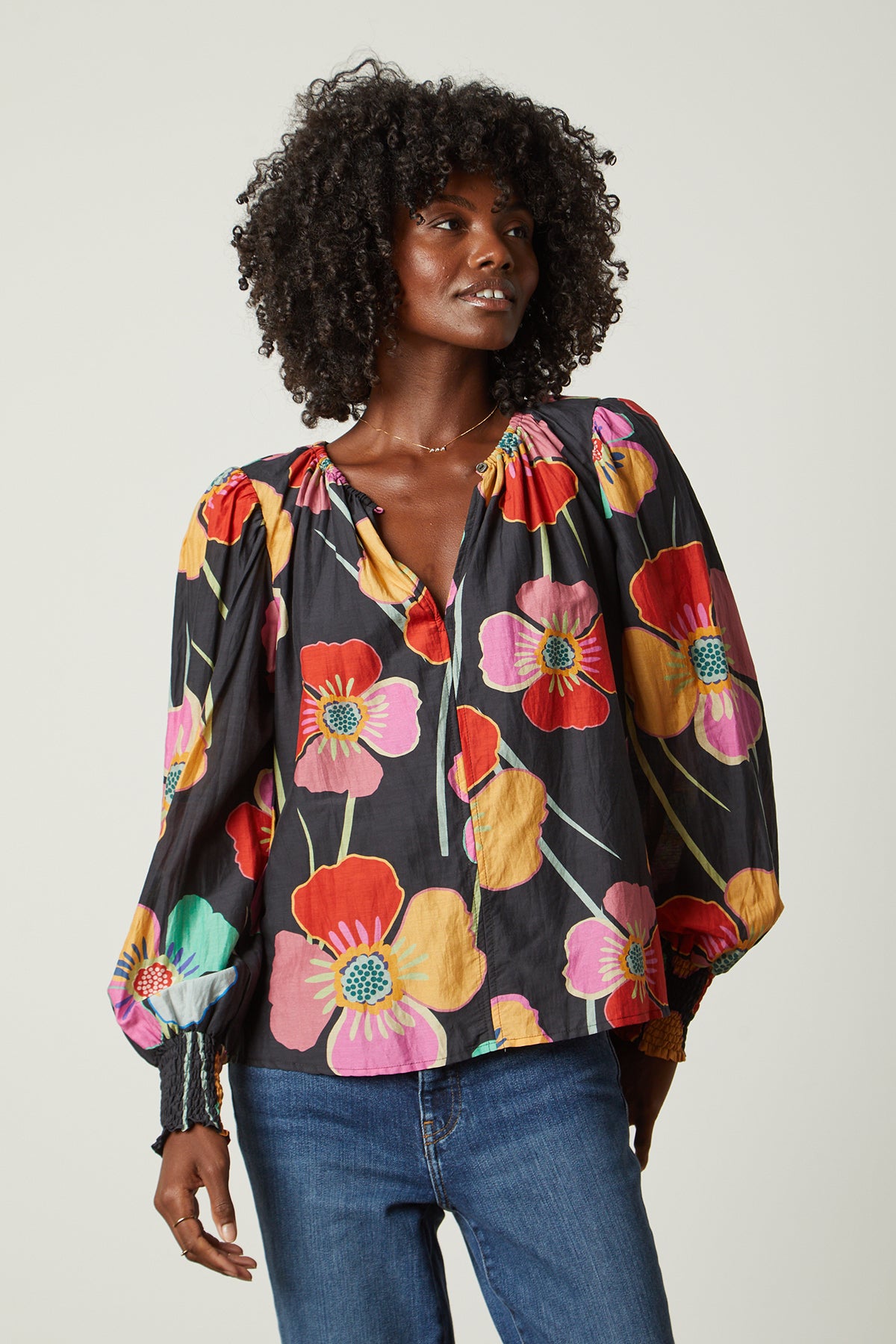   Avery Top in bold floral with black background and blue denim front 