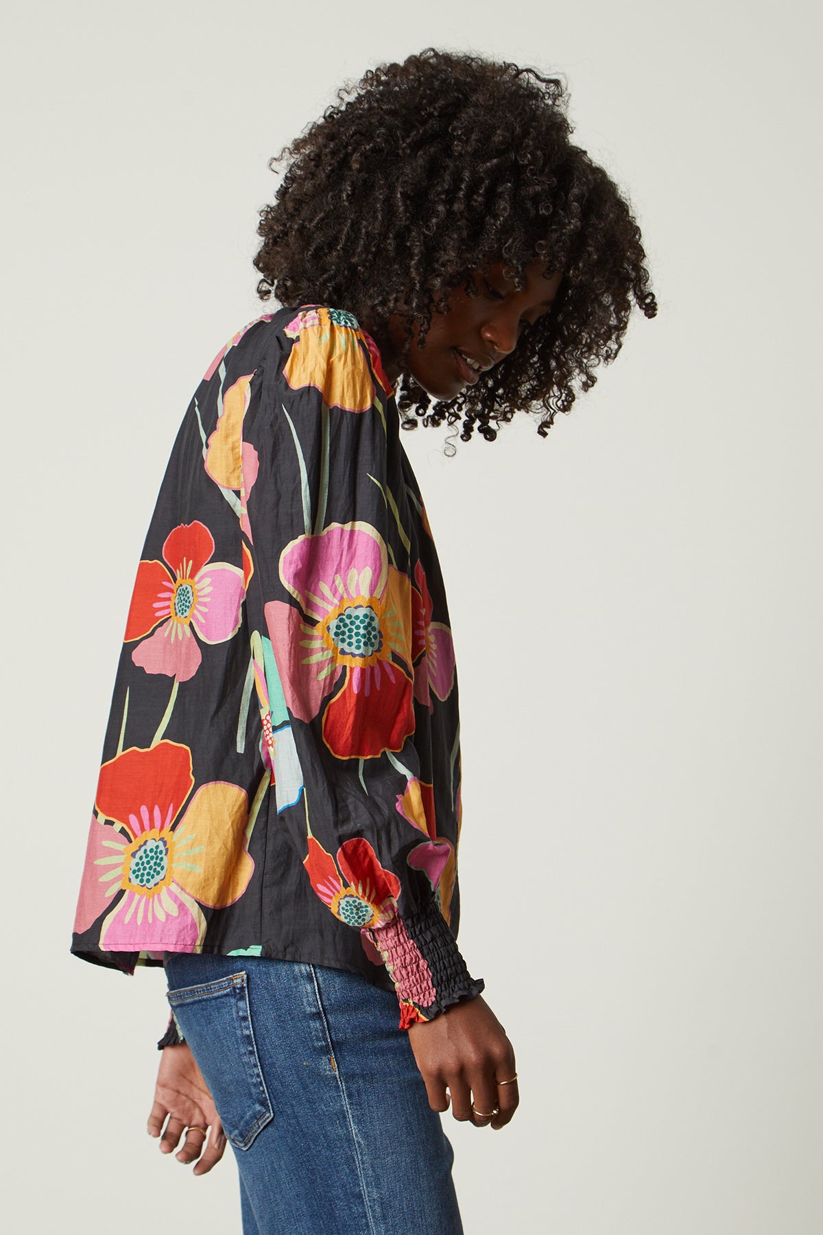 Avery Top in bold floral with black background and blue denim side-26143138480321