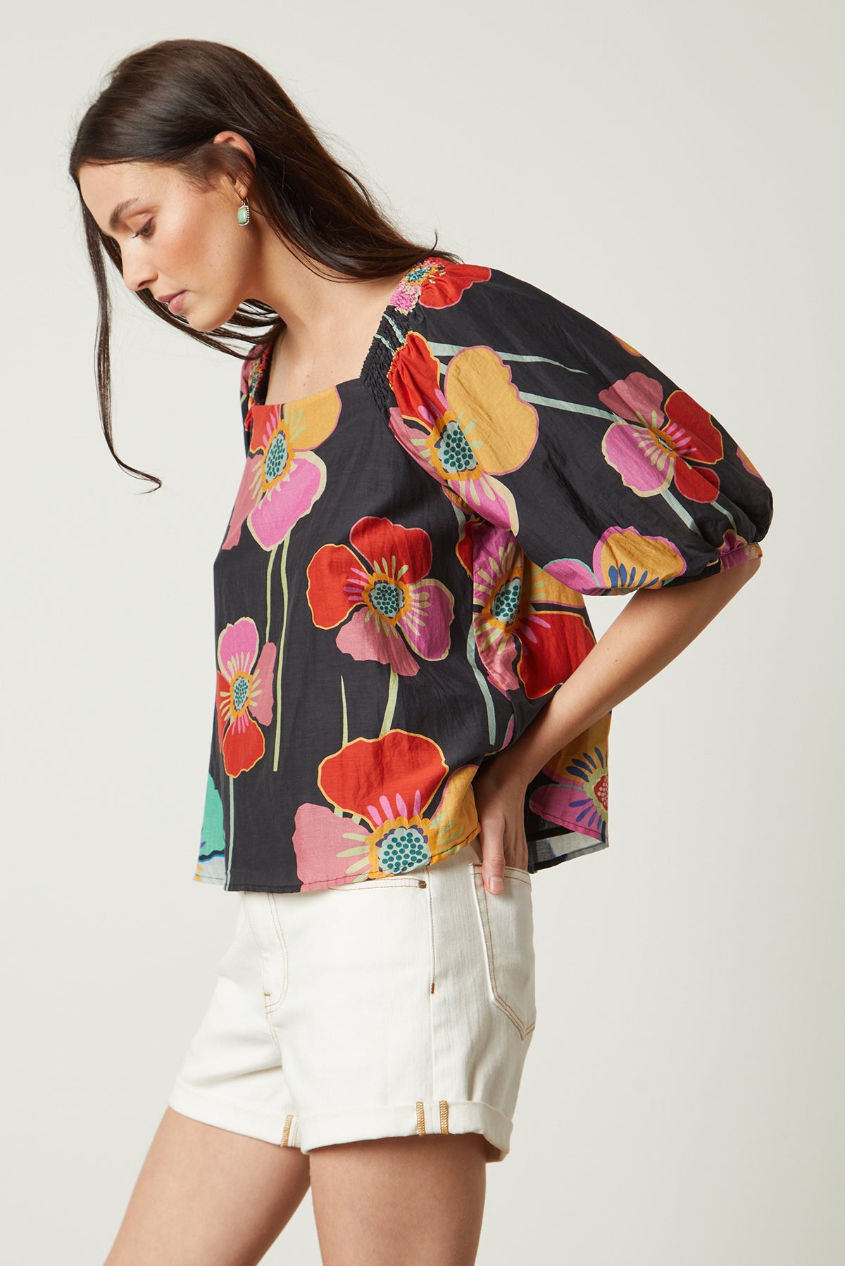 Jasmine Top in bold floral with black background and white denim shorts side-26143149719745