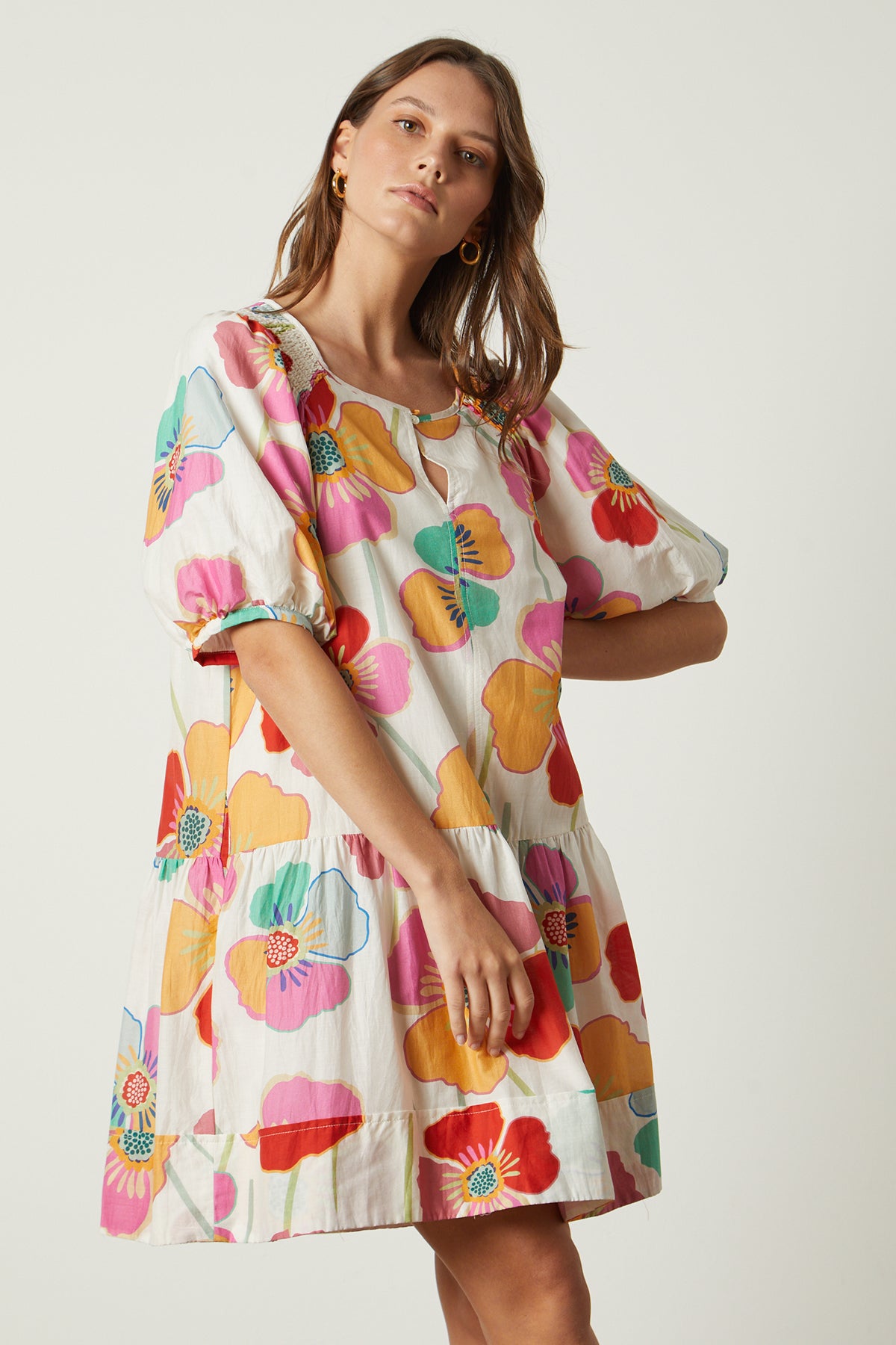 Rachel Dress in bold floral print on cream background front & side-26143179210945
