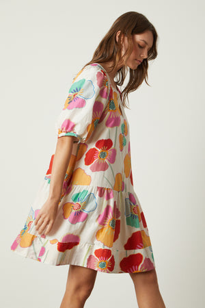 Rachel Dress in bold floral print on cream background side