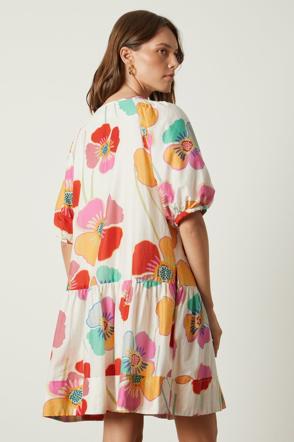   Rachel Dress in bold floral print on cream background back 