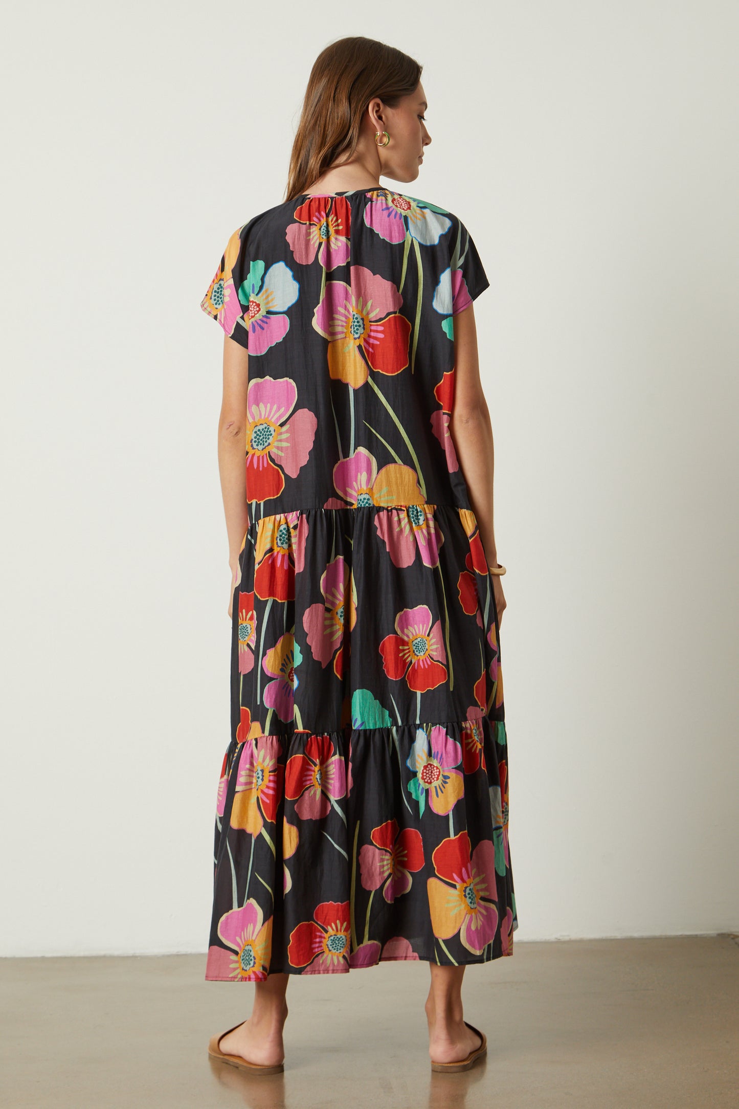 Savannah Maxi Dress in bold floral print on black background full length back untied-26233476481217
