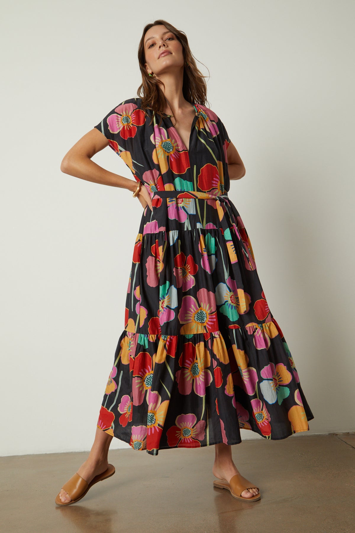   Savannah Maxi Dress in bold floral print on black background full length front tied 