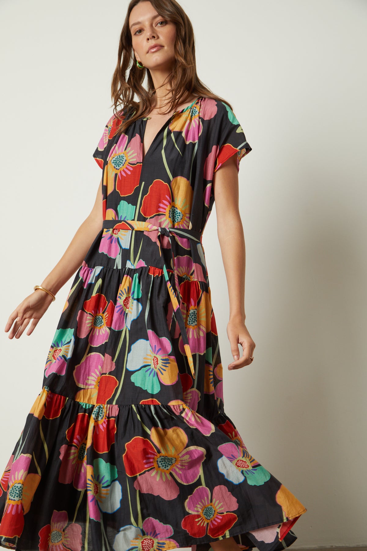 a woman wearing the Velvet by Graham & Spencer Savannah Printed Maxi Dress.-26233476415681