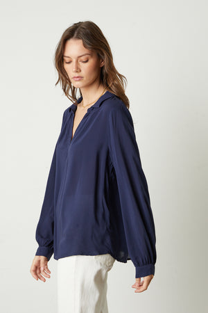 Josey V-Neck Collar Top in postman blue with white denim side & front