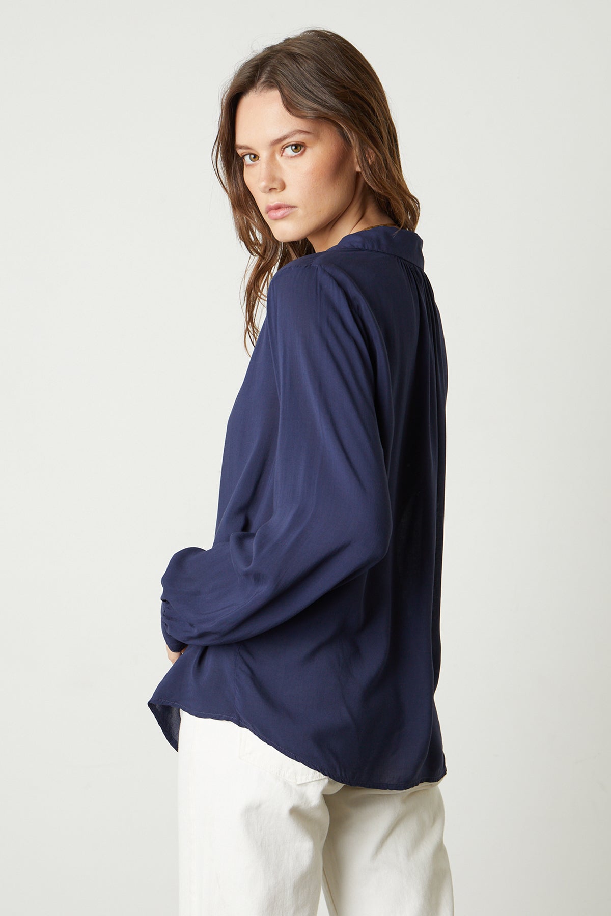   Josey V-Neck Collar Top in postman blue with white denim side and back 