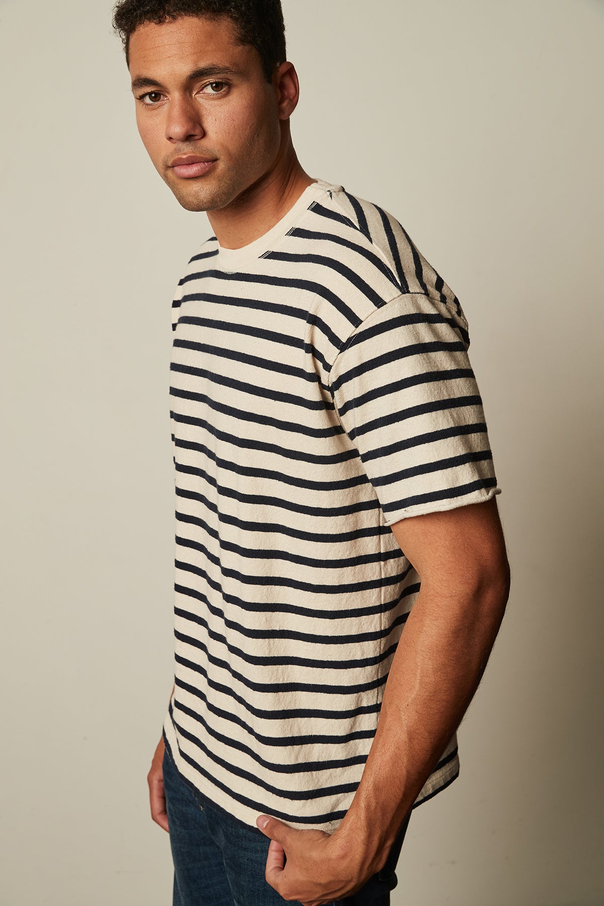  Felipe recycled stripe crew neck tee in ecru and navy side and front 
