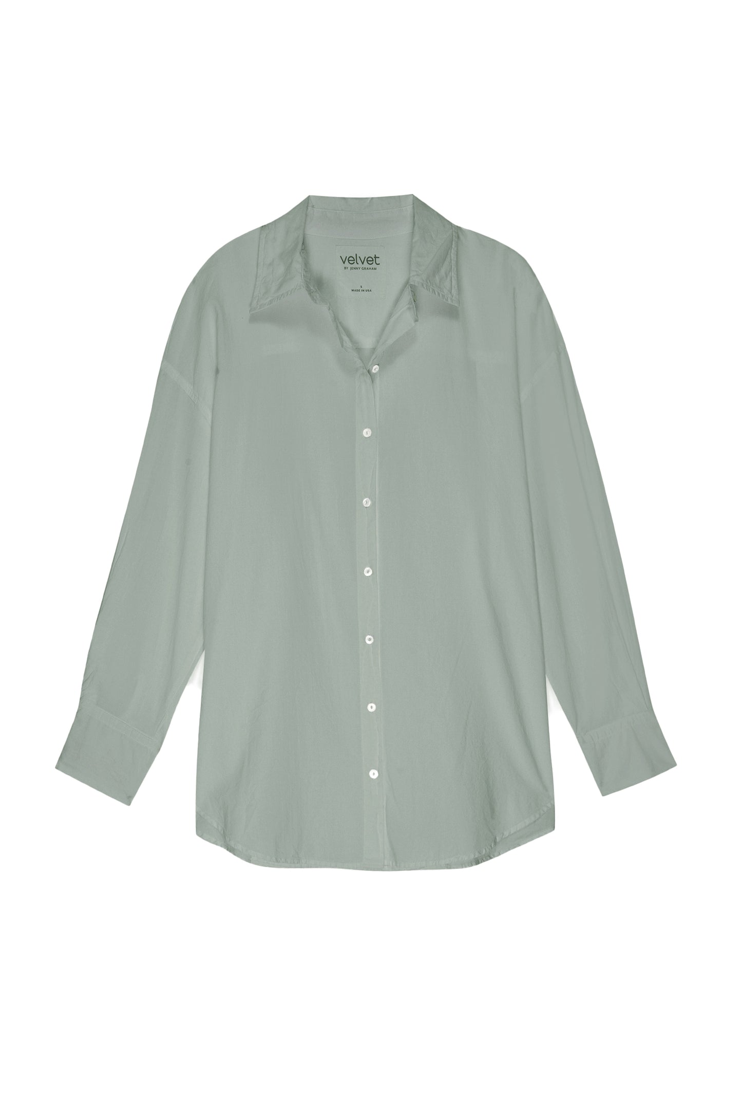 a women's REDONDO BUTTON-UP SHIRT in a light shade of green, by Velvet by Jenny Graham.-26293136523457