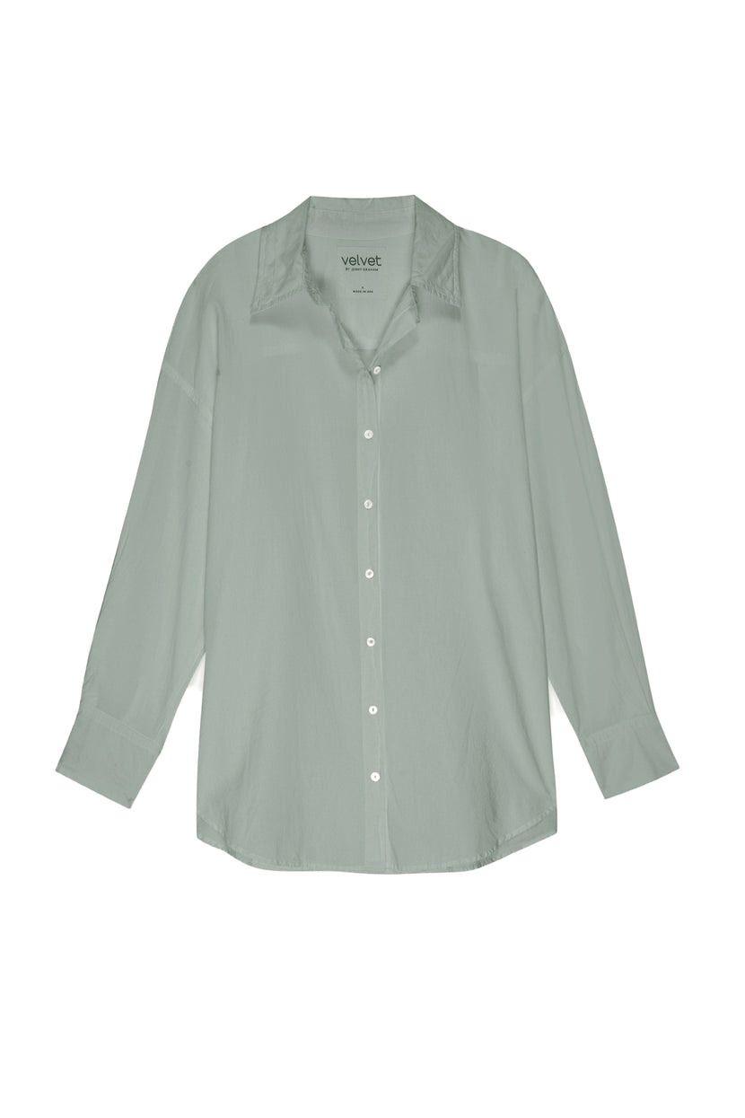 a women's REDONDO BUTTON-UP SHIRT in a light shade of green, by Velvet by Jenny Graham.