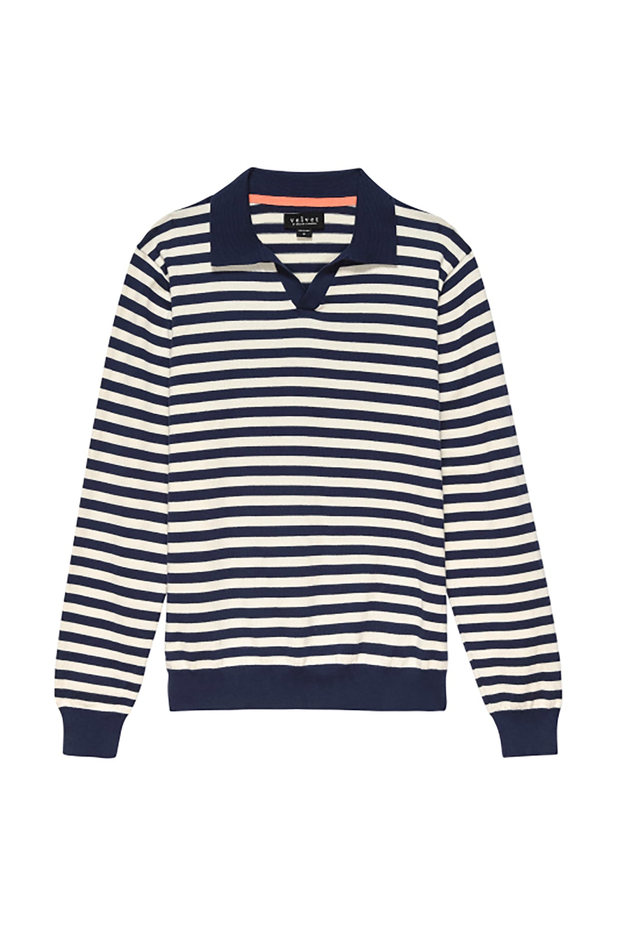   a navy and white Velvet by Graham & Spencer RICKY STRIPED POLO sweater with a collar. 