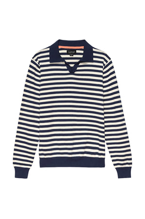 a navy and white Velvet by Graham & Spencer RICKY STRIPED POLO sweater with a collar.