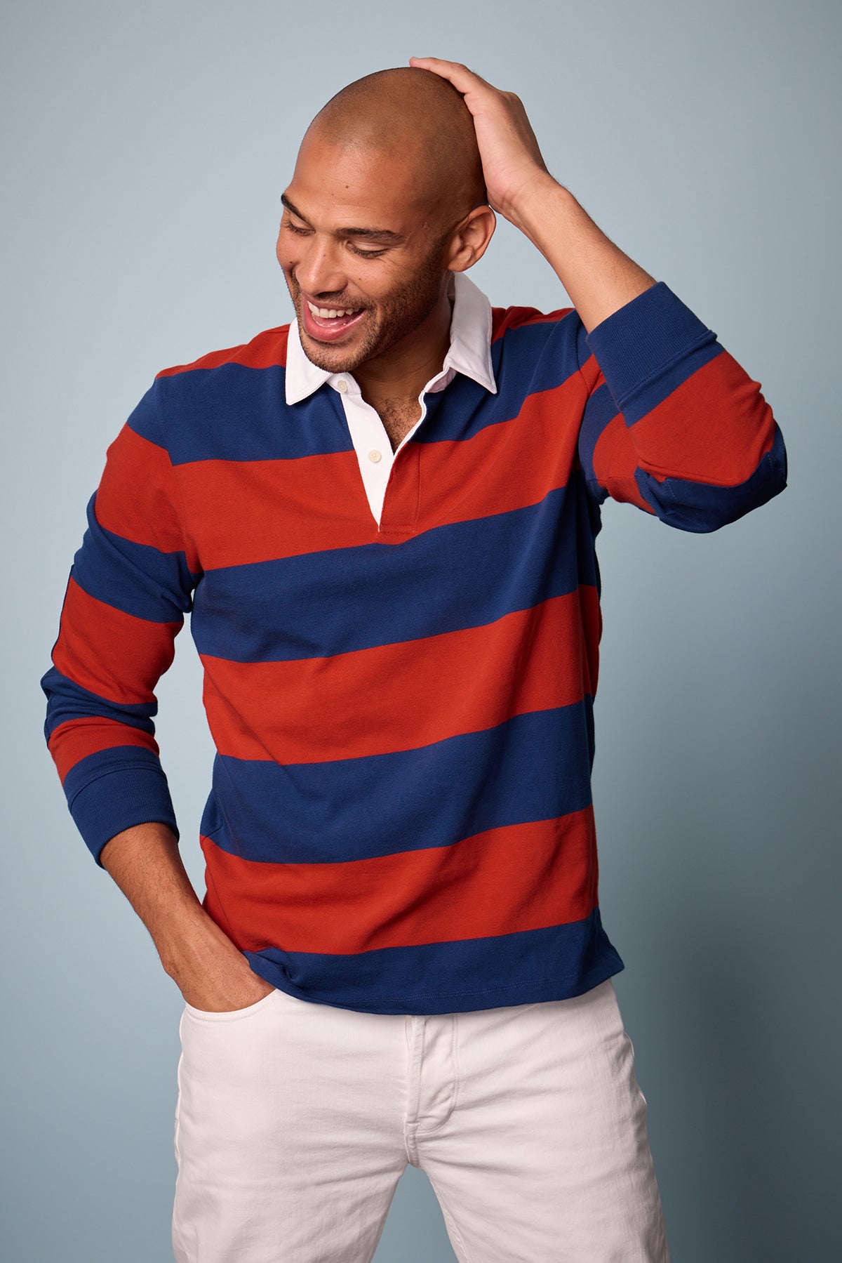 Pierre Rugby Stripe long sleeve polol with broad blue and red stripes and white collar with white denim front-25994790437057