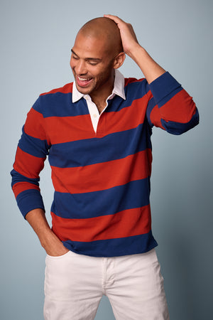 Pierre Rugby Stripe long sleeve polol with broad blue and red stripes and white collar with white denim front