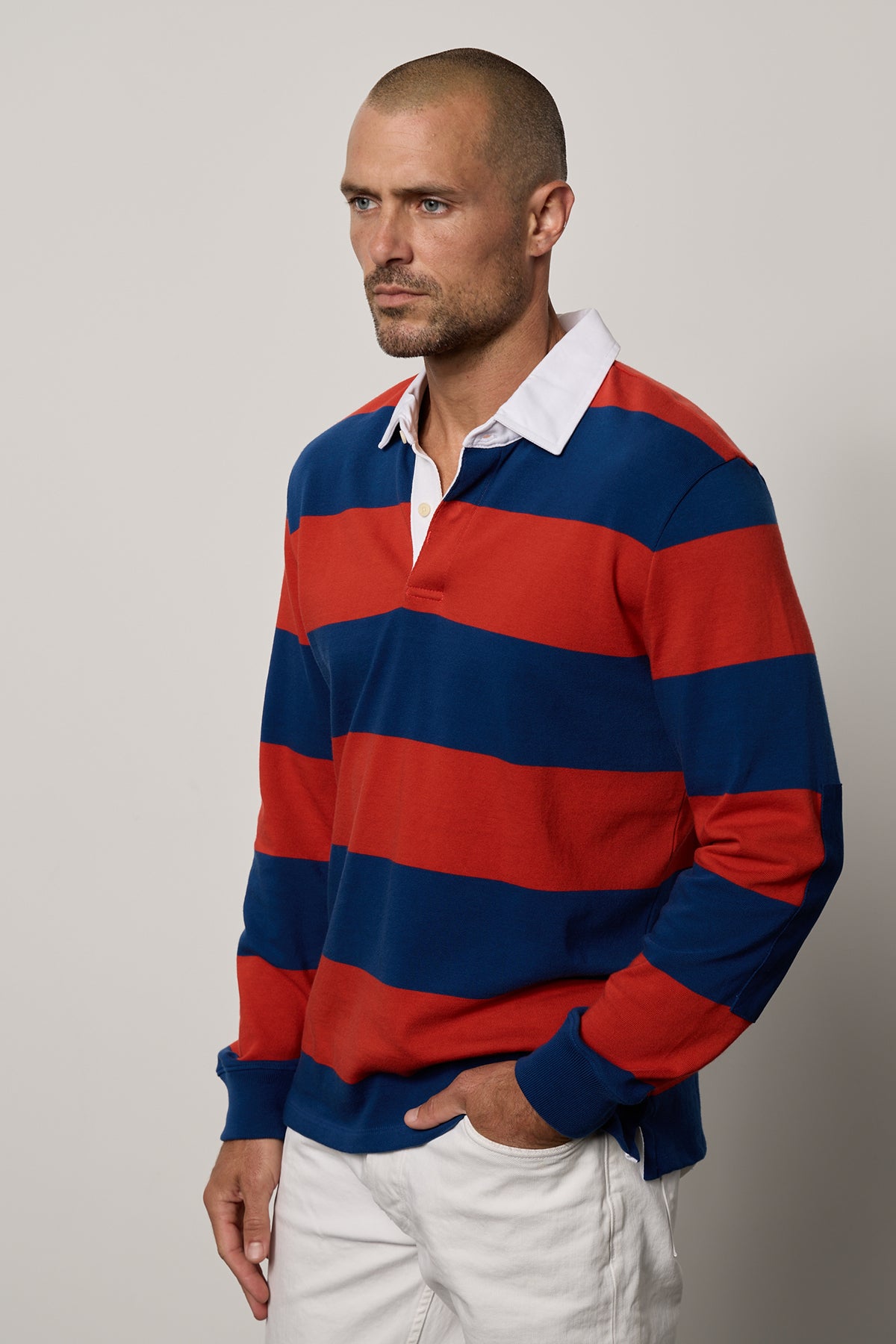 Pierre Rugby Stripe long sleeve polol with broad blue and red stripes and white collar with white denim front-25994790502593