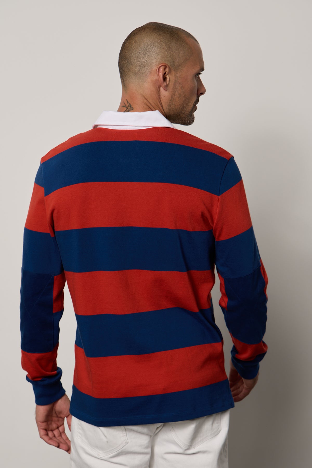   Pierre Rugby Stripe long sleeve polol with broad blue and red stripes and white collar with white denim back 