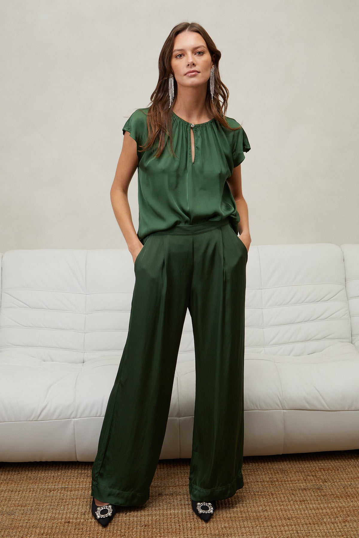 Livi Satin Wide Leg Pant in fern green with Odette top full length front-25676854264001