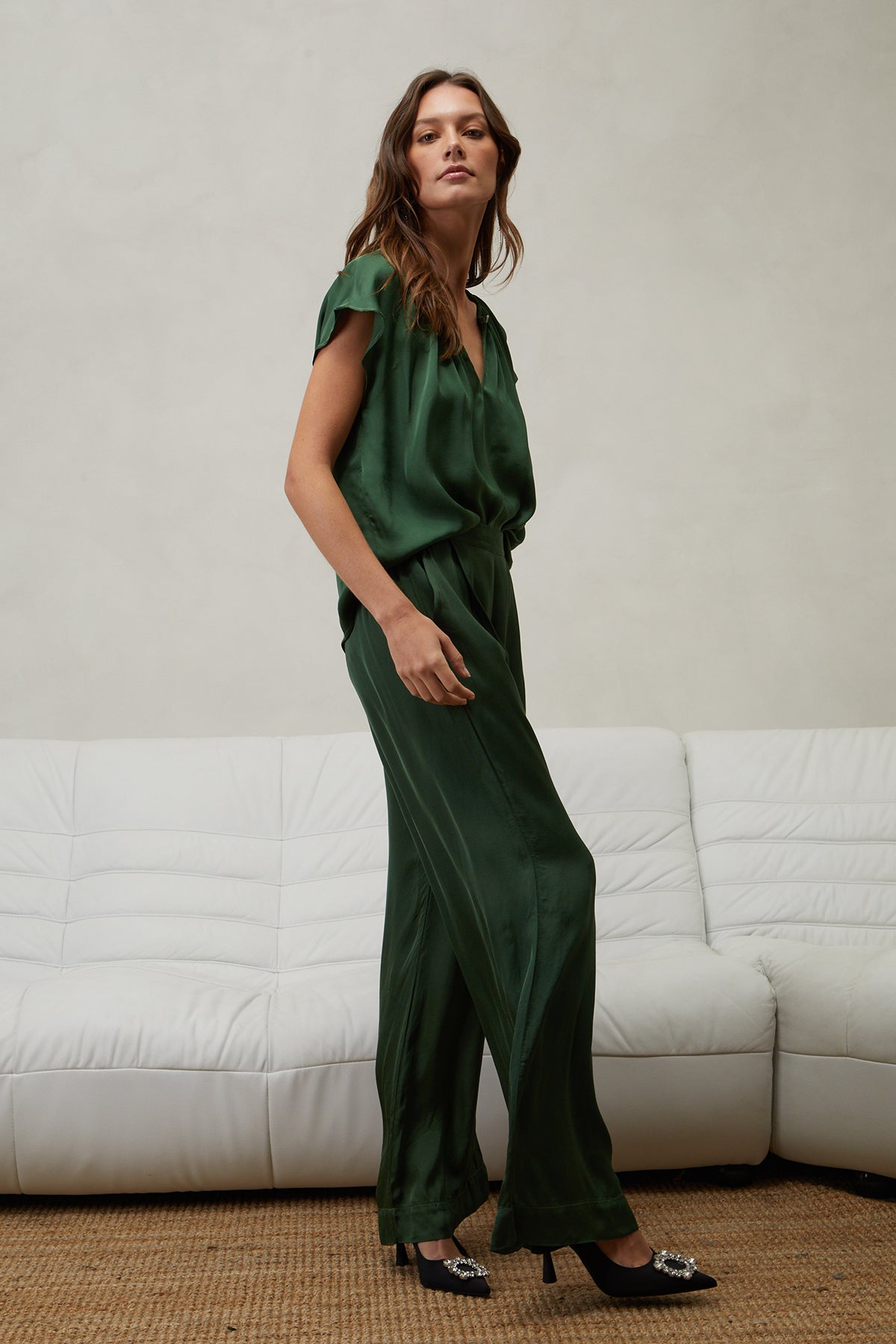 Livi Satin Wide Leg Pant in fern green with Odette top full length side-25676863930561