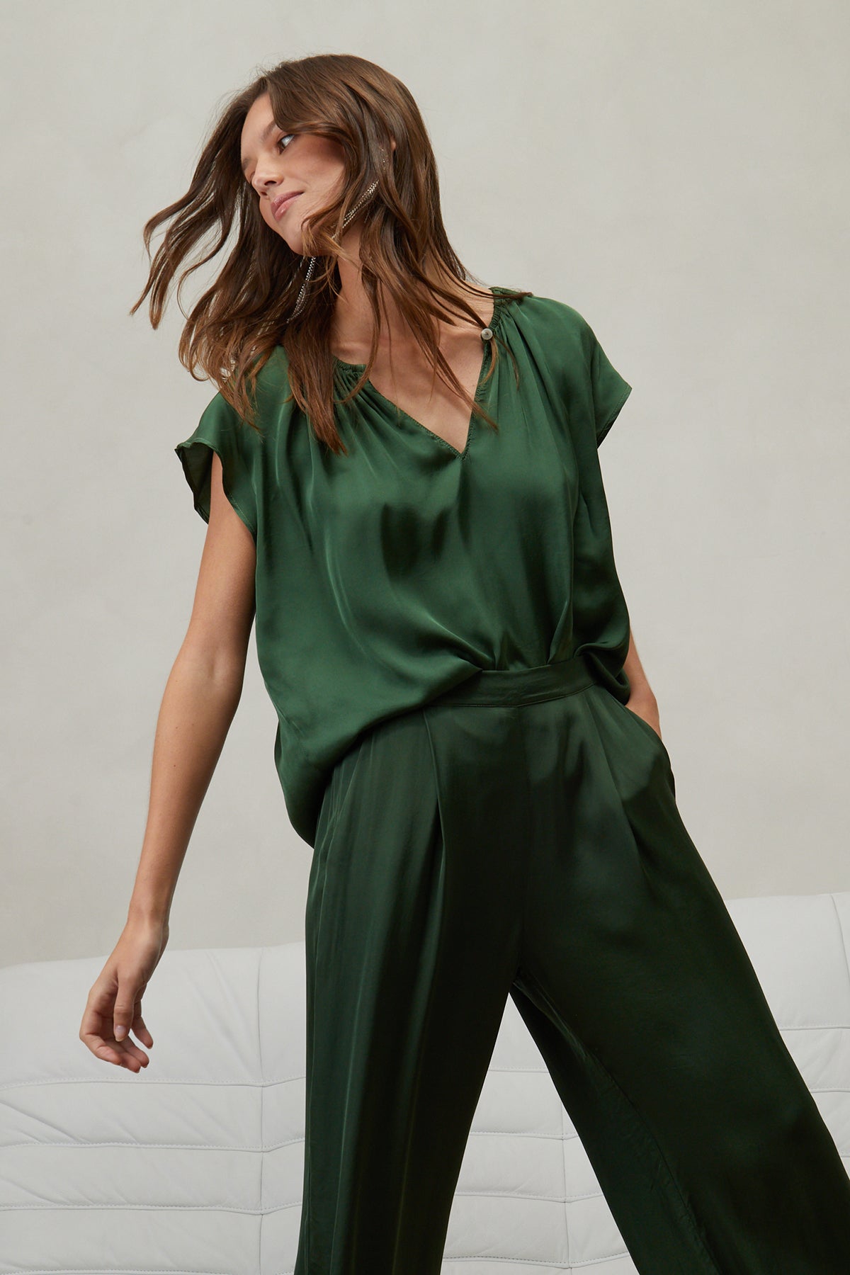   Odette Cap Sleeve Blouse in fern green with Livi pants front 