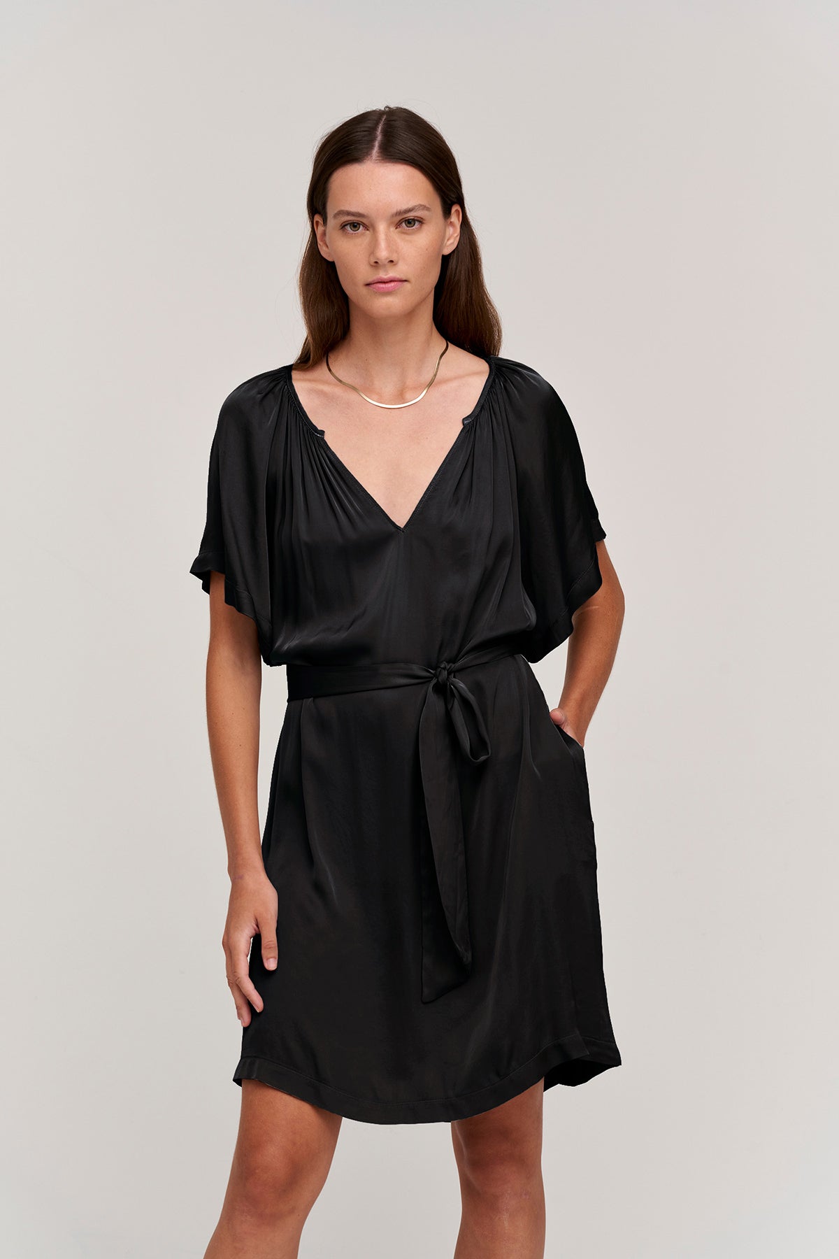 Suzanna satin viscose dress in black.-24782595424449