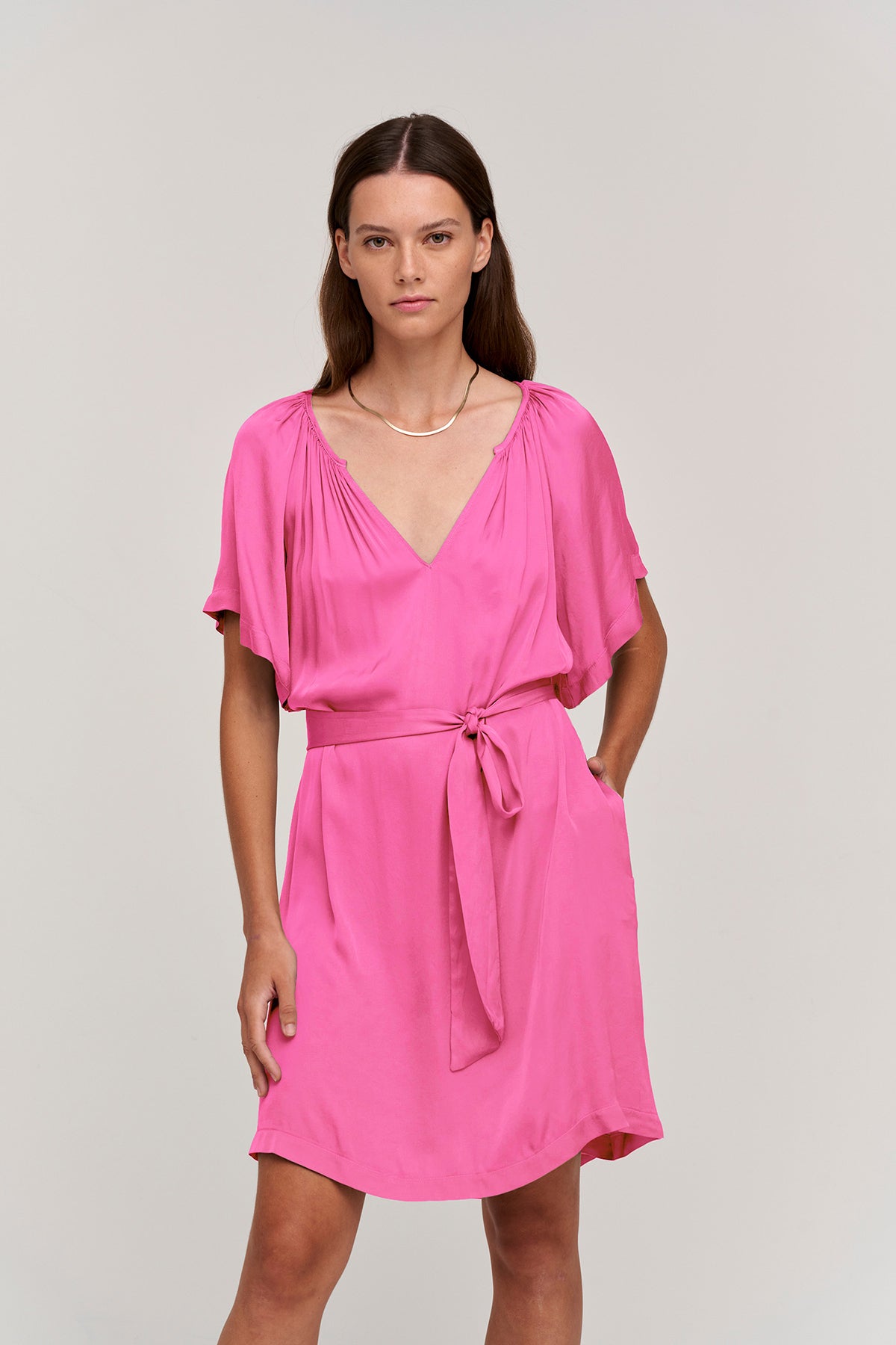 Suzanna satin viscose dress in candy pink.-24782595489985