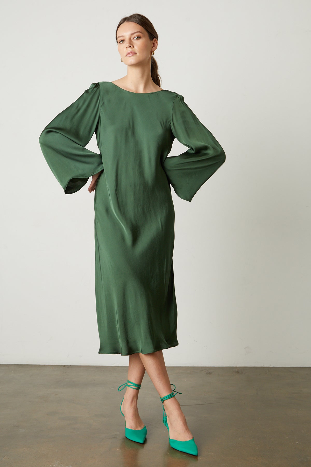 Catherine Satin Midi Dress in fern green full length front view-25668993810625