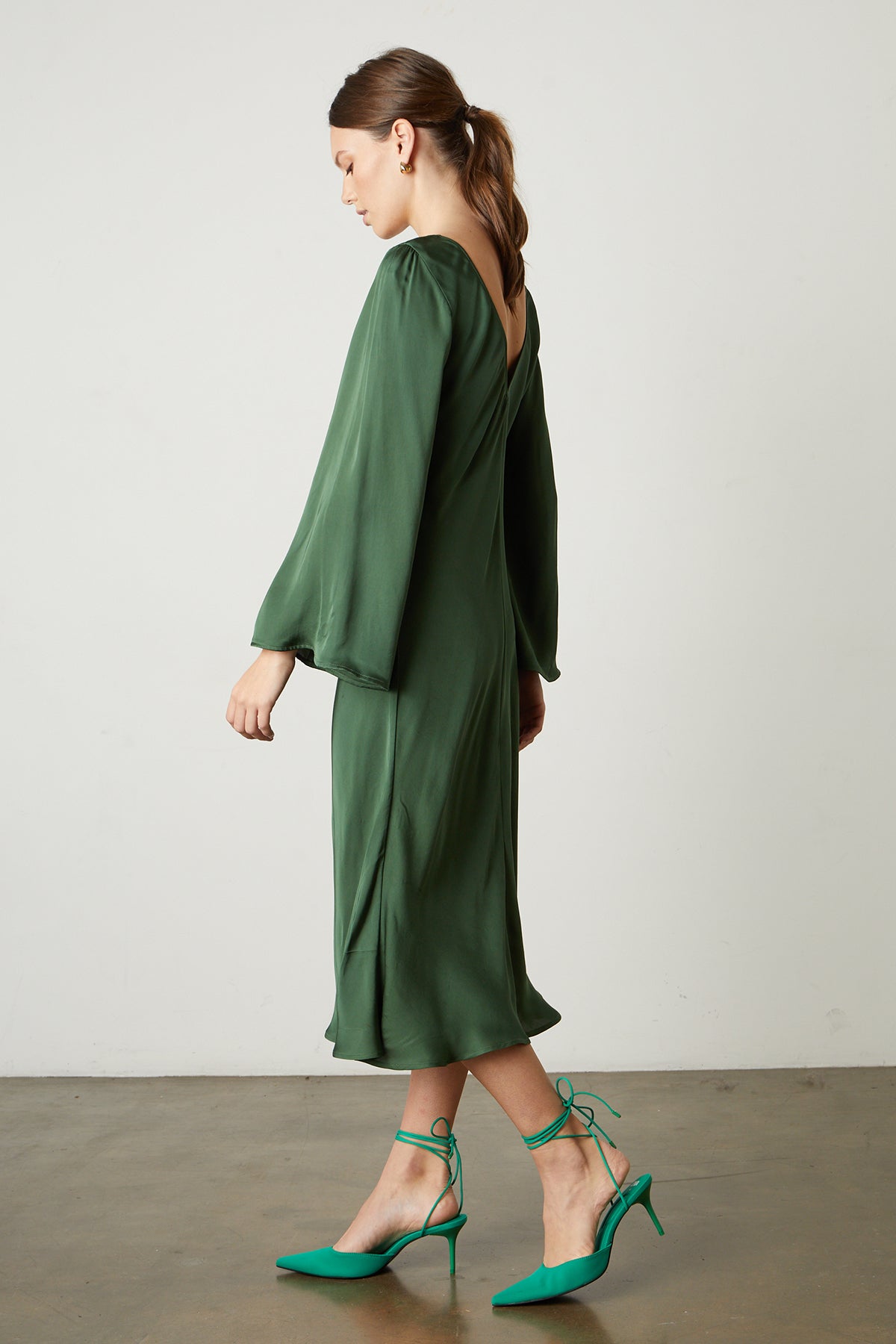   Catherine Satin Midi Dress in fern green full length side 