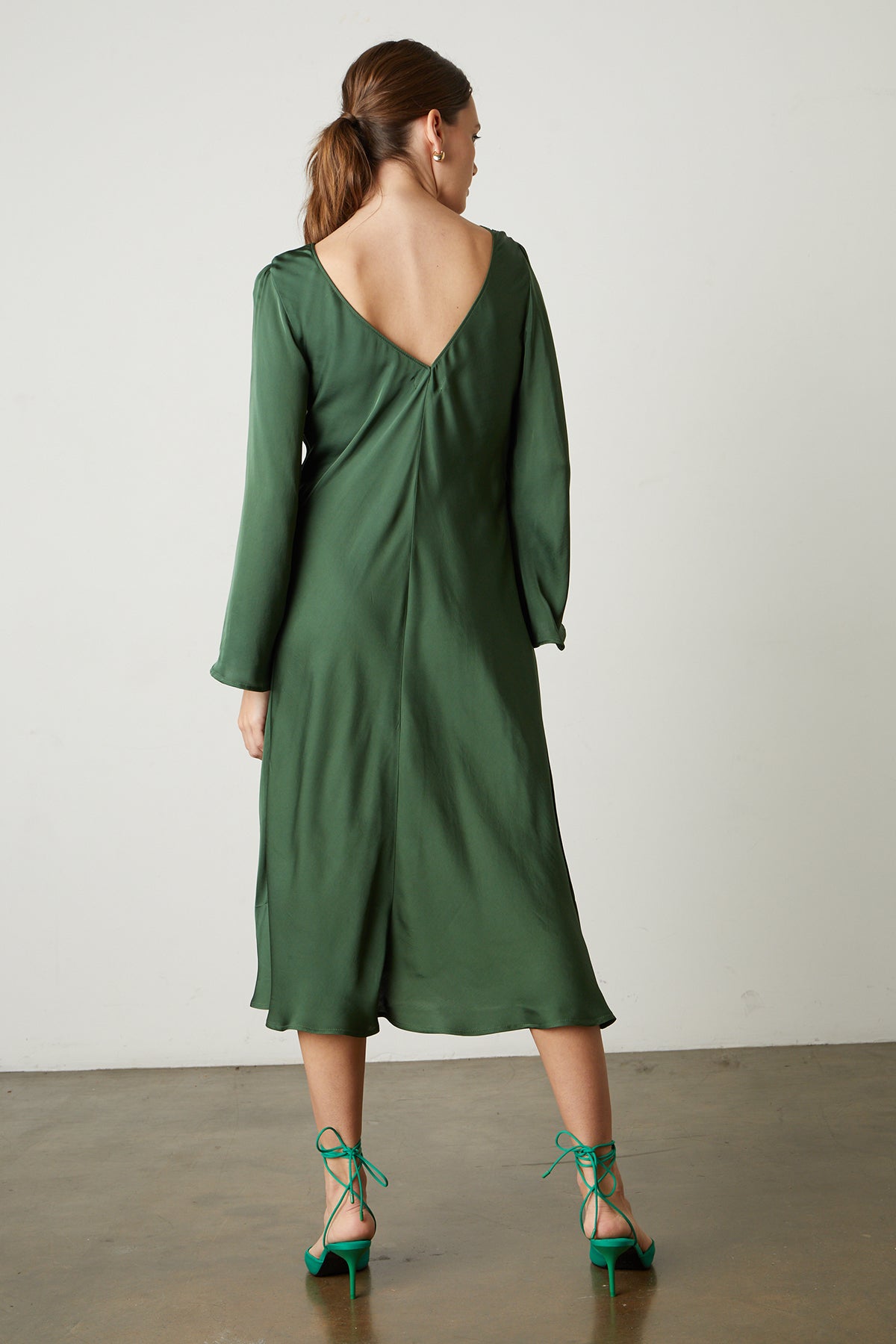   Catherine Satin Midi Dress in fern green full length back 