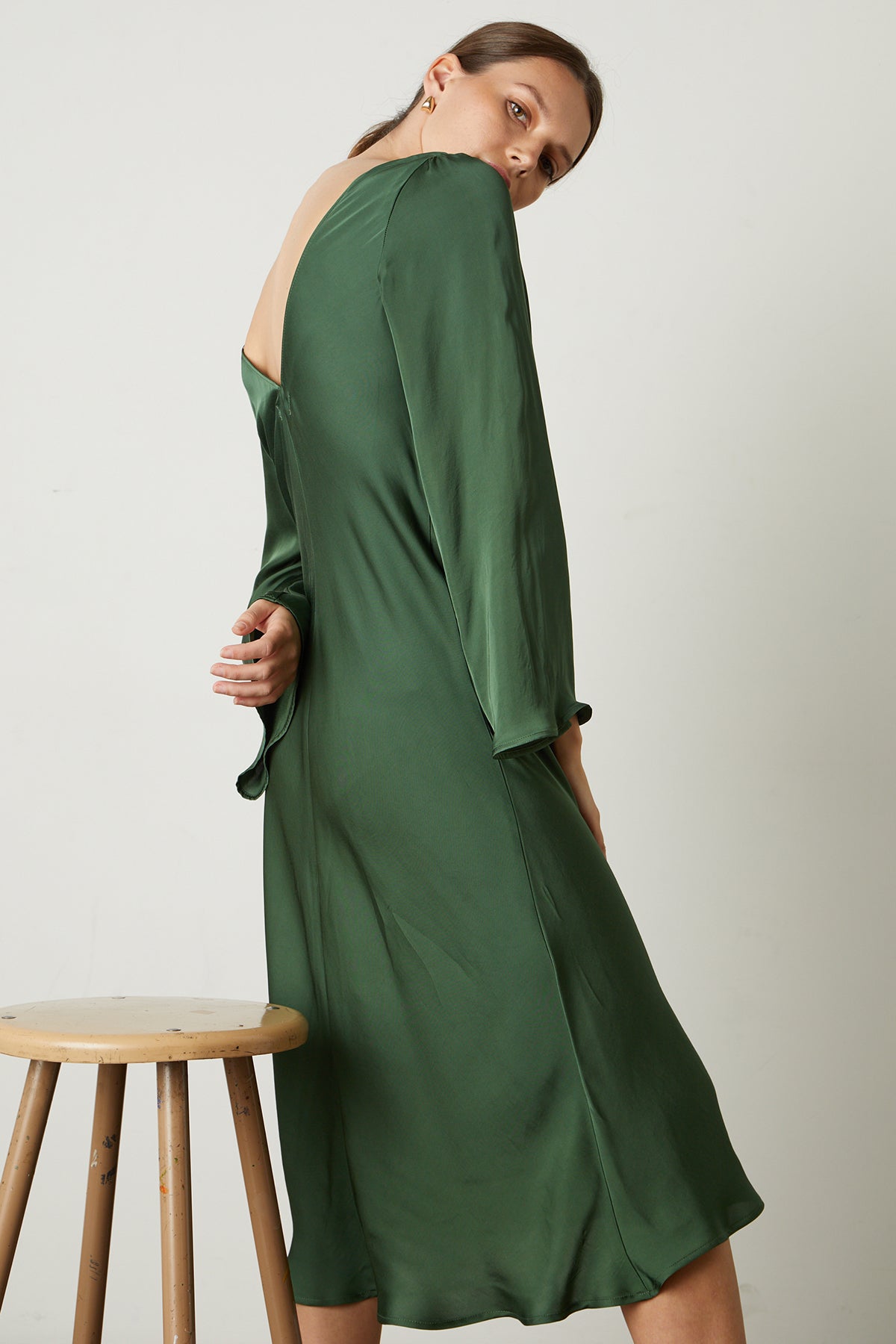 Catherine Satin Midi Dress in fern green full length side & back-25668993908929