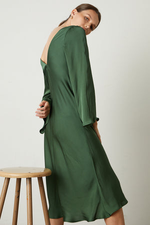 Catherine Satin Midi Dress in fern green full length side & back