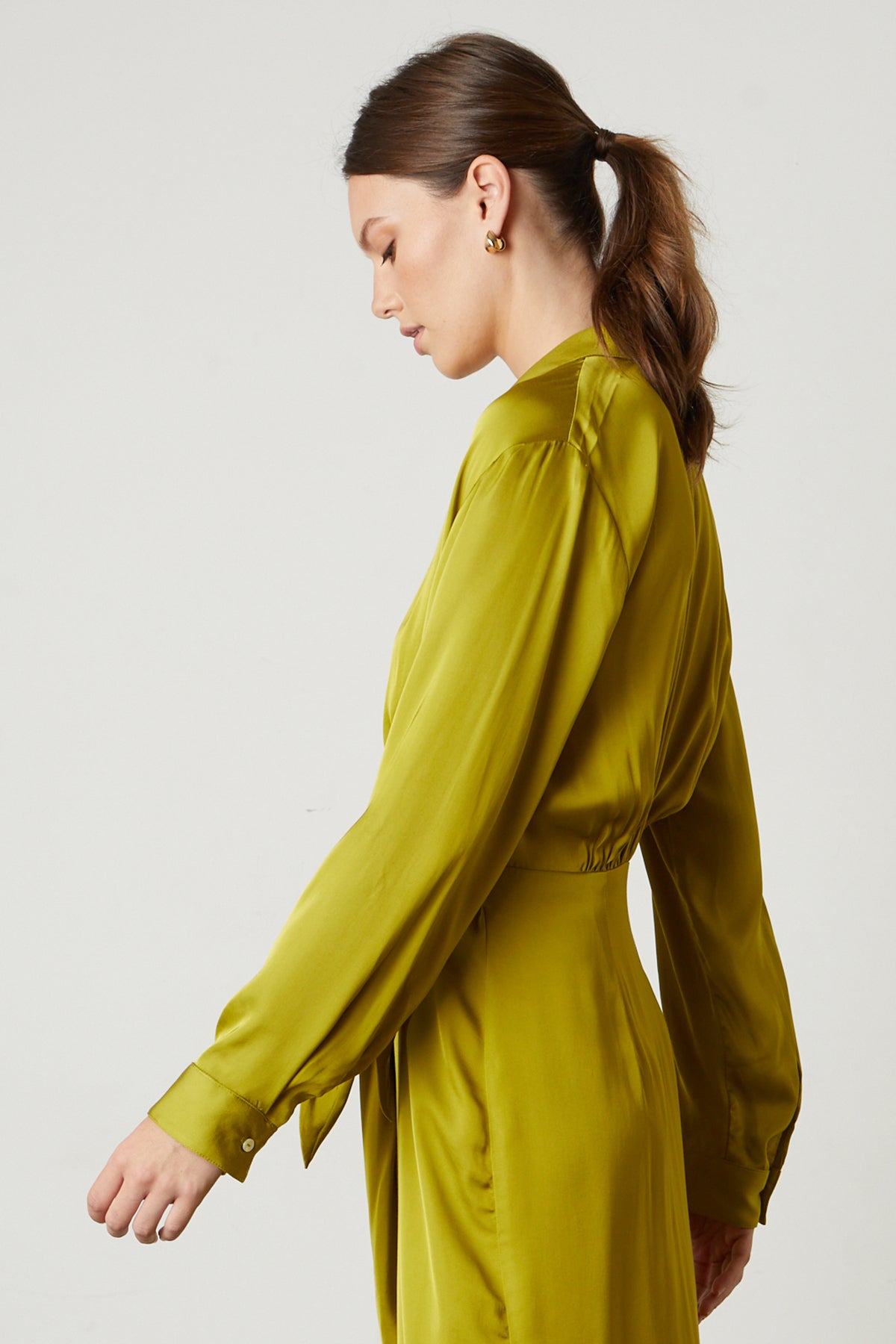   Jovie Satin Wrap Dress in bright meadow green side detail 