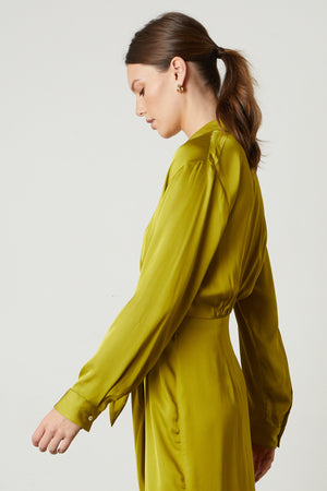 Jovie Satin Wrap Dress in bright meadow green side detail