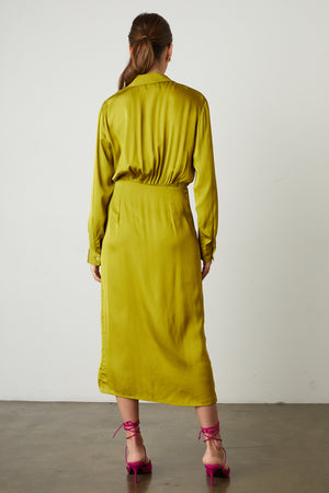 Jovie Satin Wrap Dress in Meadow with hot pink heels full length back