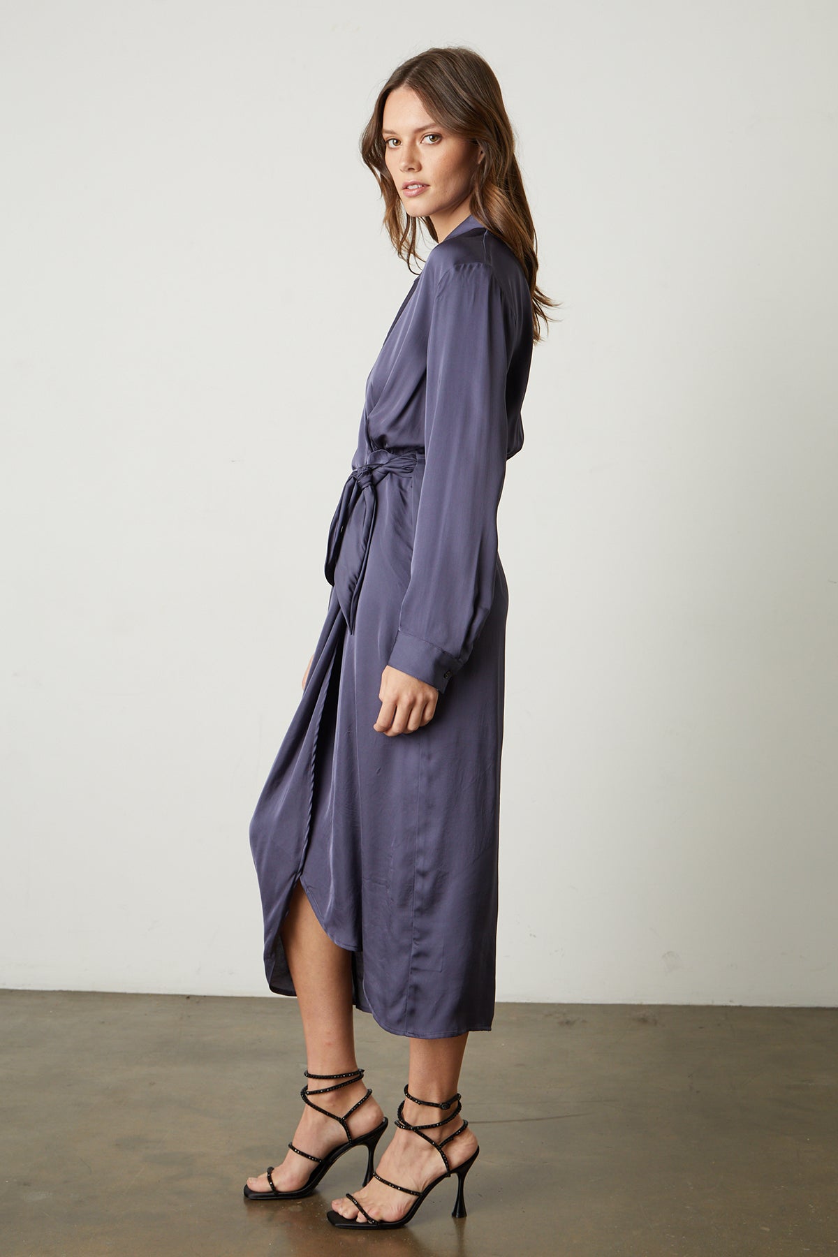 Jovie Satin Wrap Dress in steel full length side-25745201103041