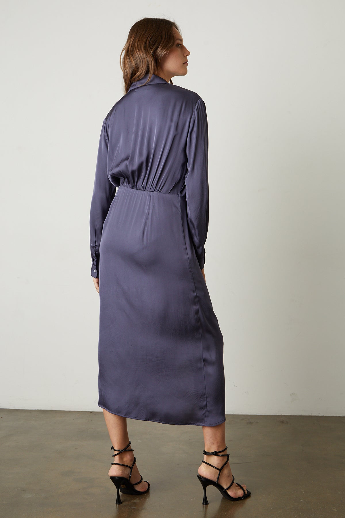 Jovie Satin Wrap Dress in steel full length back-25745201135809