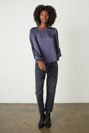 Leila Satin Puff Sleeve Blouse in steel with black denim and black boots full length front