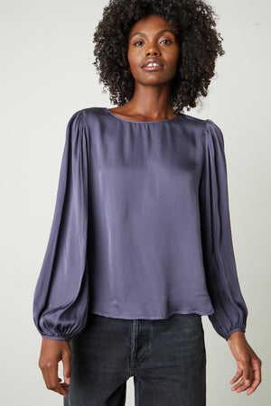 Leila Satin Puff Sleeve Blouse in steel front
